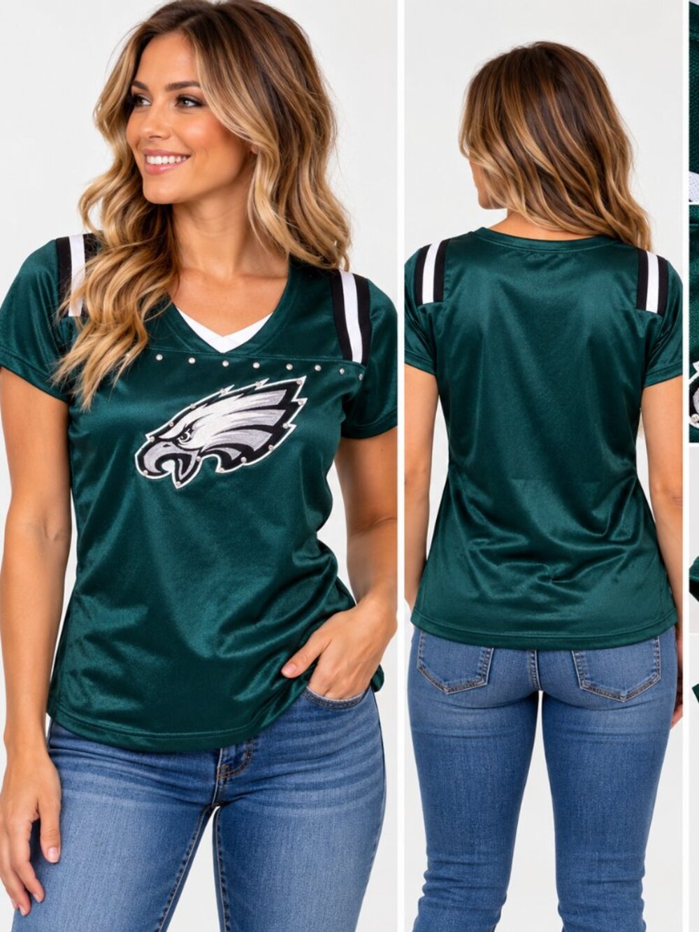 Philadelphia Eagles Women’s NFL Rhinestone Jersey Top – Size L – $39